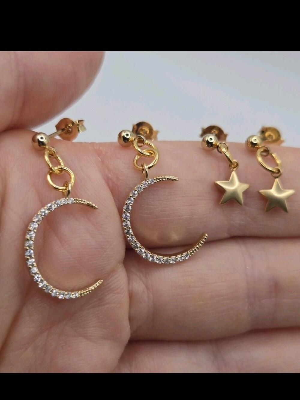 Goldtone Celestial Star Moon Tiny Fairy Earrings Gold Plate Mini CZ Whimsigoth